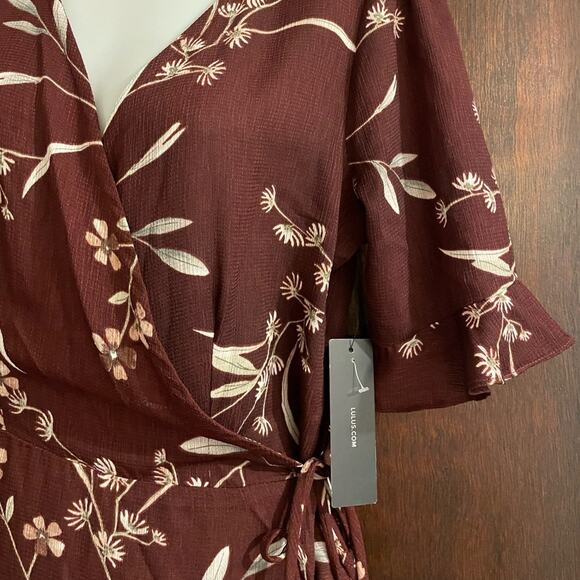 Lulus Wild Winds Burgundy Floral Print High-Low Wrap Dress NWT Size Large - Picture 8 of 8